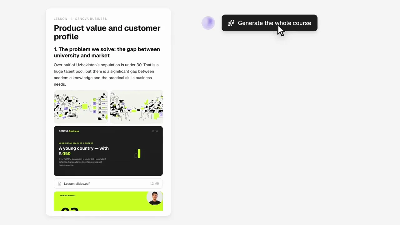 Video still: a finished course lesson in Edra and the “Generate the whole course” button