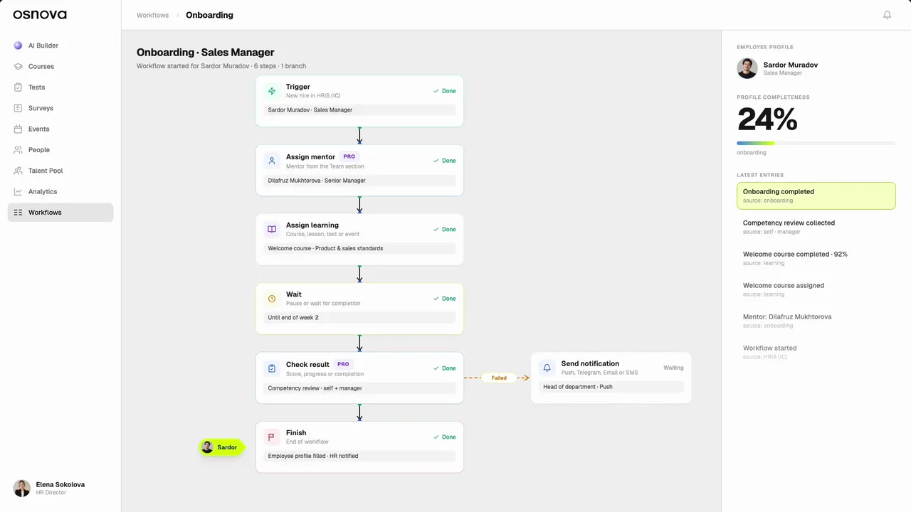 Video frame: onboarding scenario for a sales manager in OSNOVA